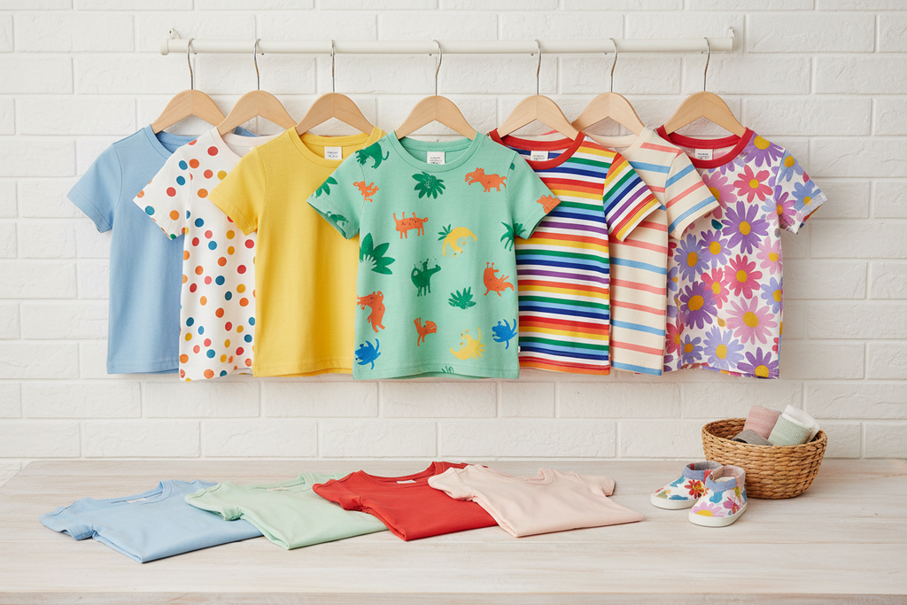 Multiple kids t-shirts in different colors and patterns