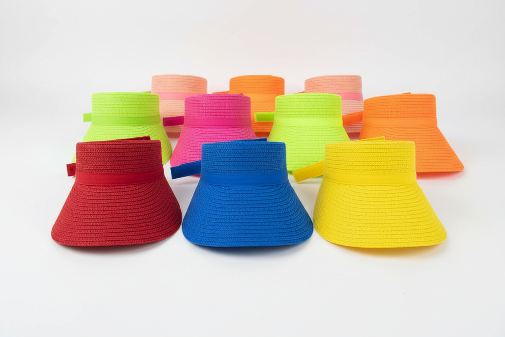 Multiple beach visors in primary colors and neon