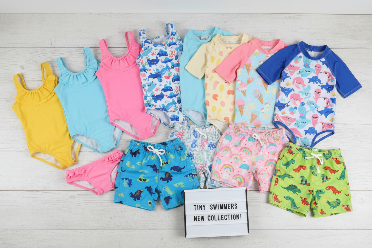 Multiple kids swimsuits in different colors and patterns