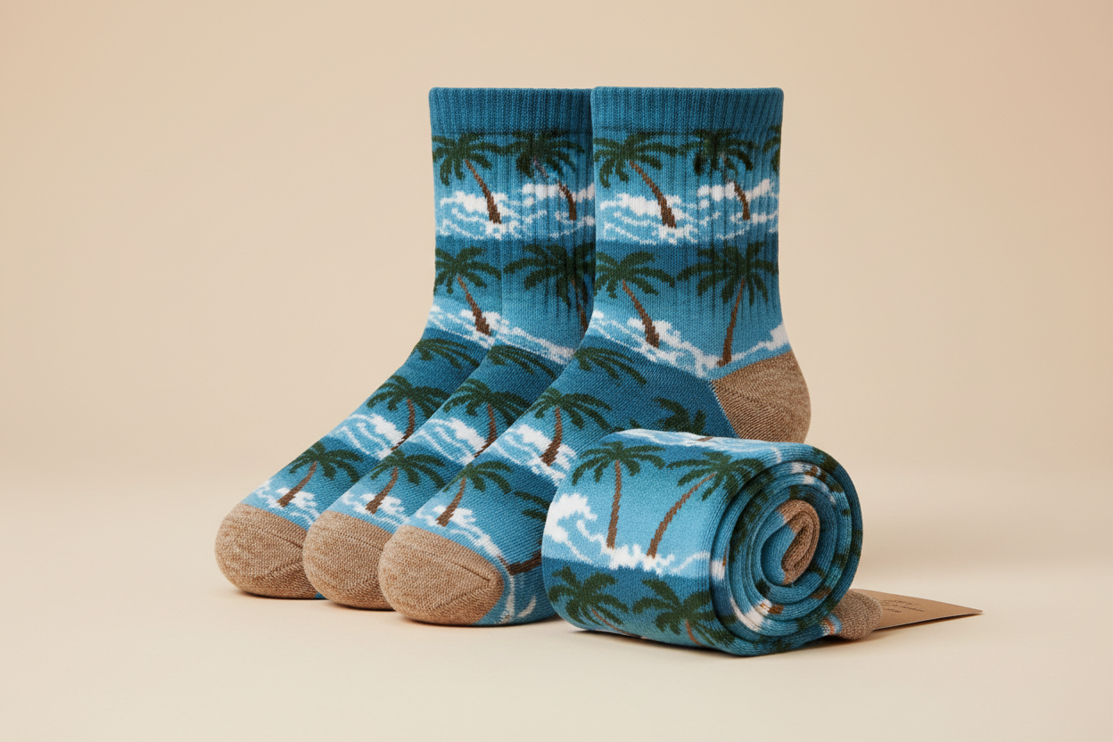 Beach-themed cotton socks with palm trees and waves