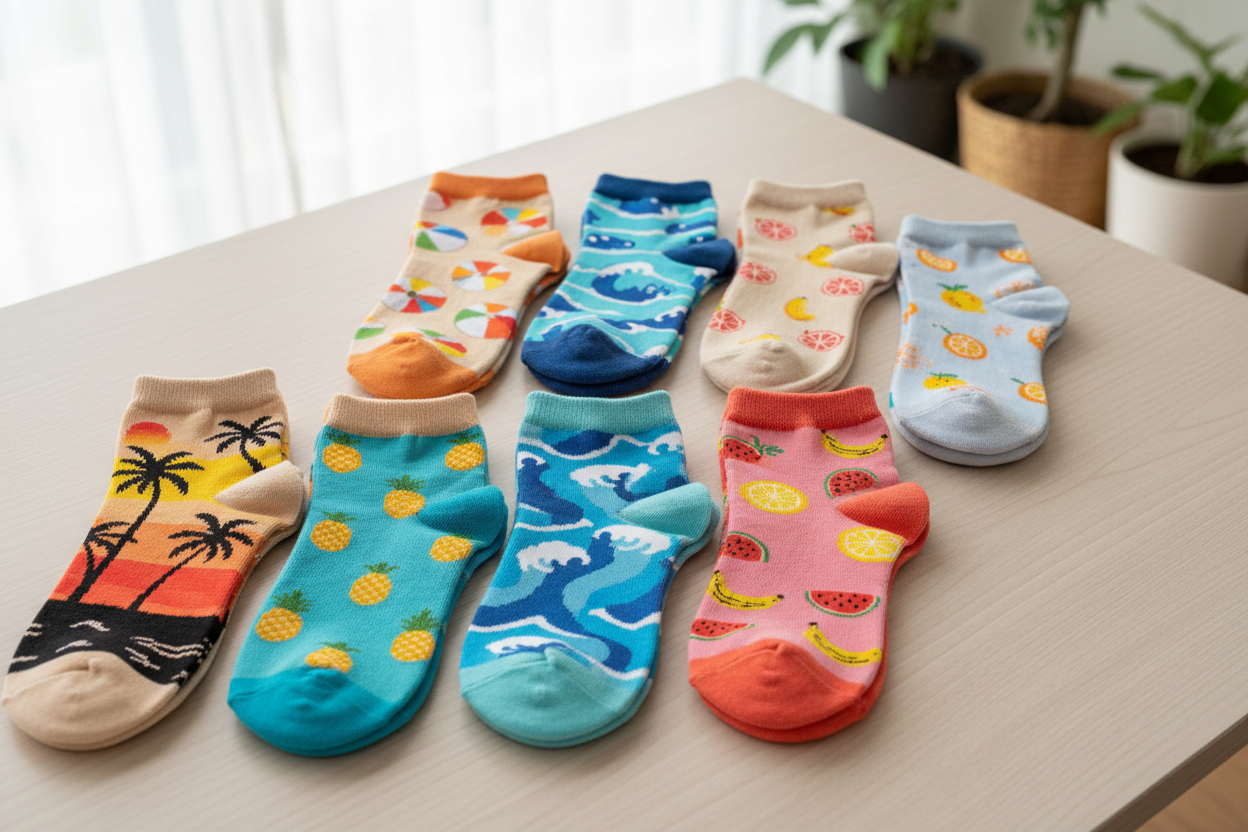 Multiple cotton socks with tropical and beach designs