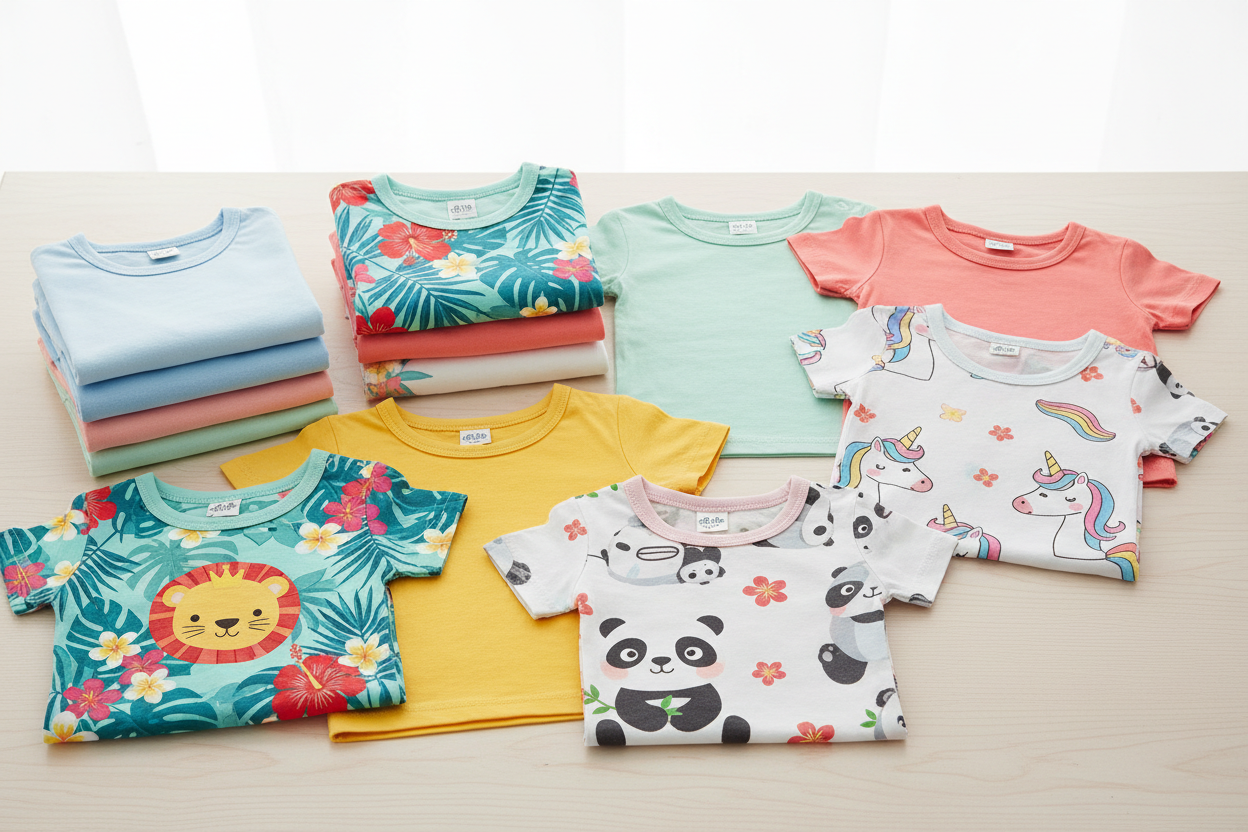 Multiple children's t-shirts in plain colors, tropical and animal designs