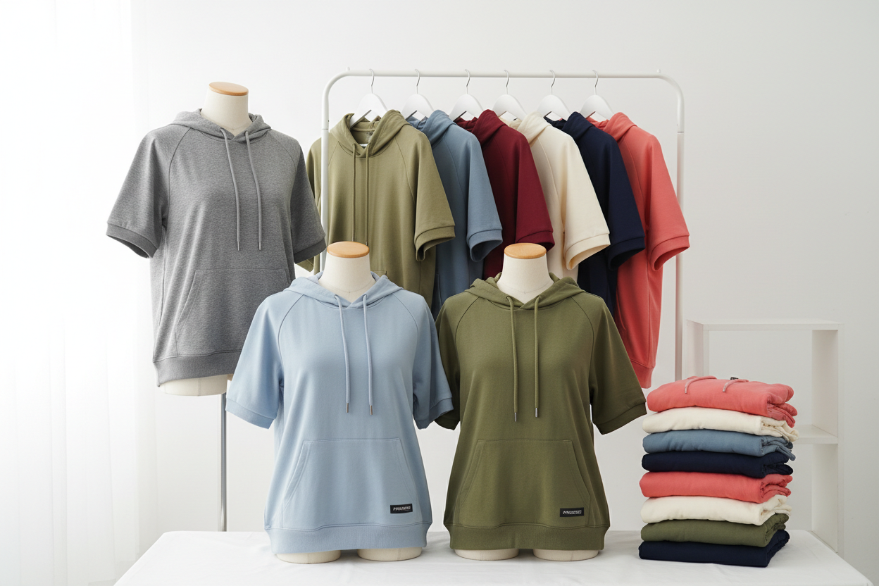 Multiple short sleeve hoodies in different colors